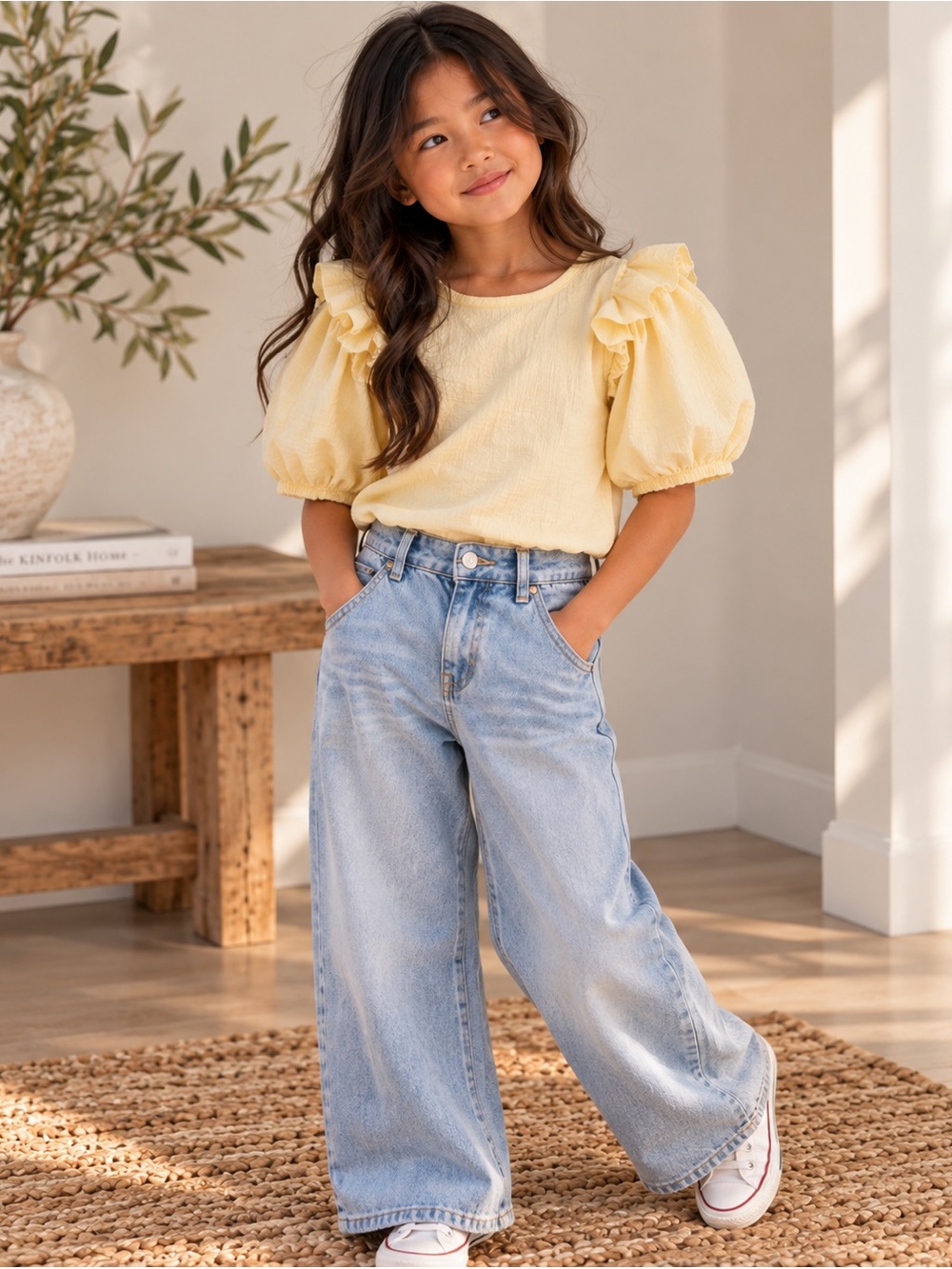 Zara Light Yellow Puff Sleeve Ruffle Top ~ size 7